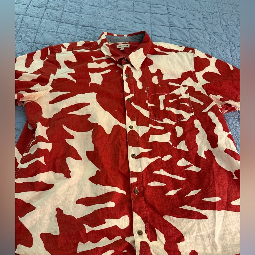 Toad&Co M’s Fletch Red and White Short-Sleeve Button-Down Shirt Men’s 2XL